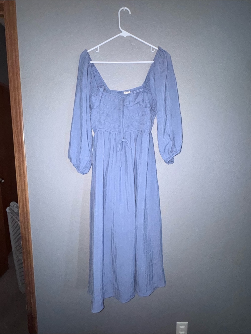 Smocked off the shoulder Midi Dress in Dusty Blue